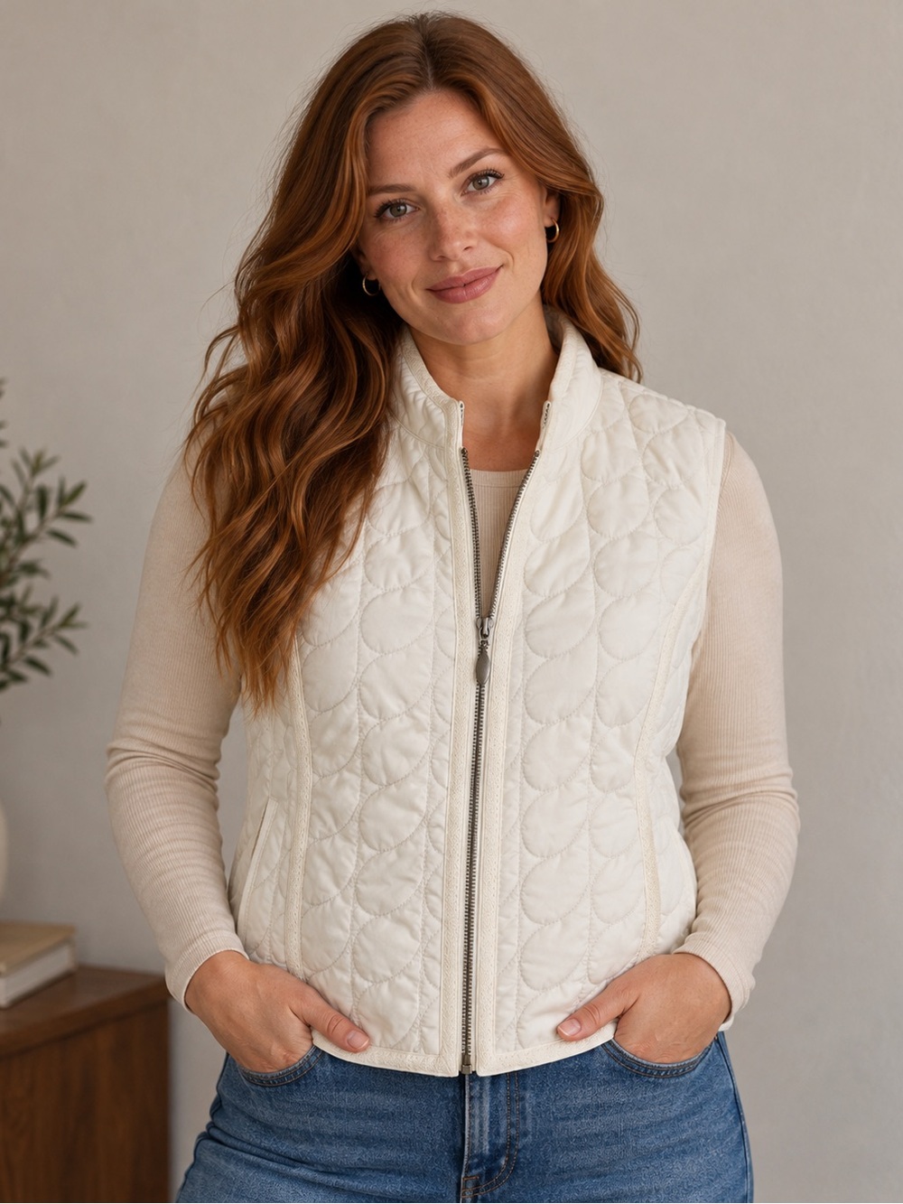 Chico's Ivory Cream Quilted Full Zip Lightweight Vest